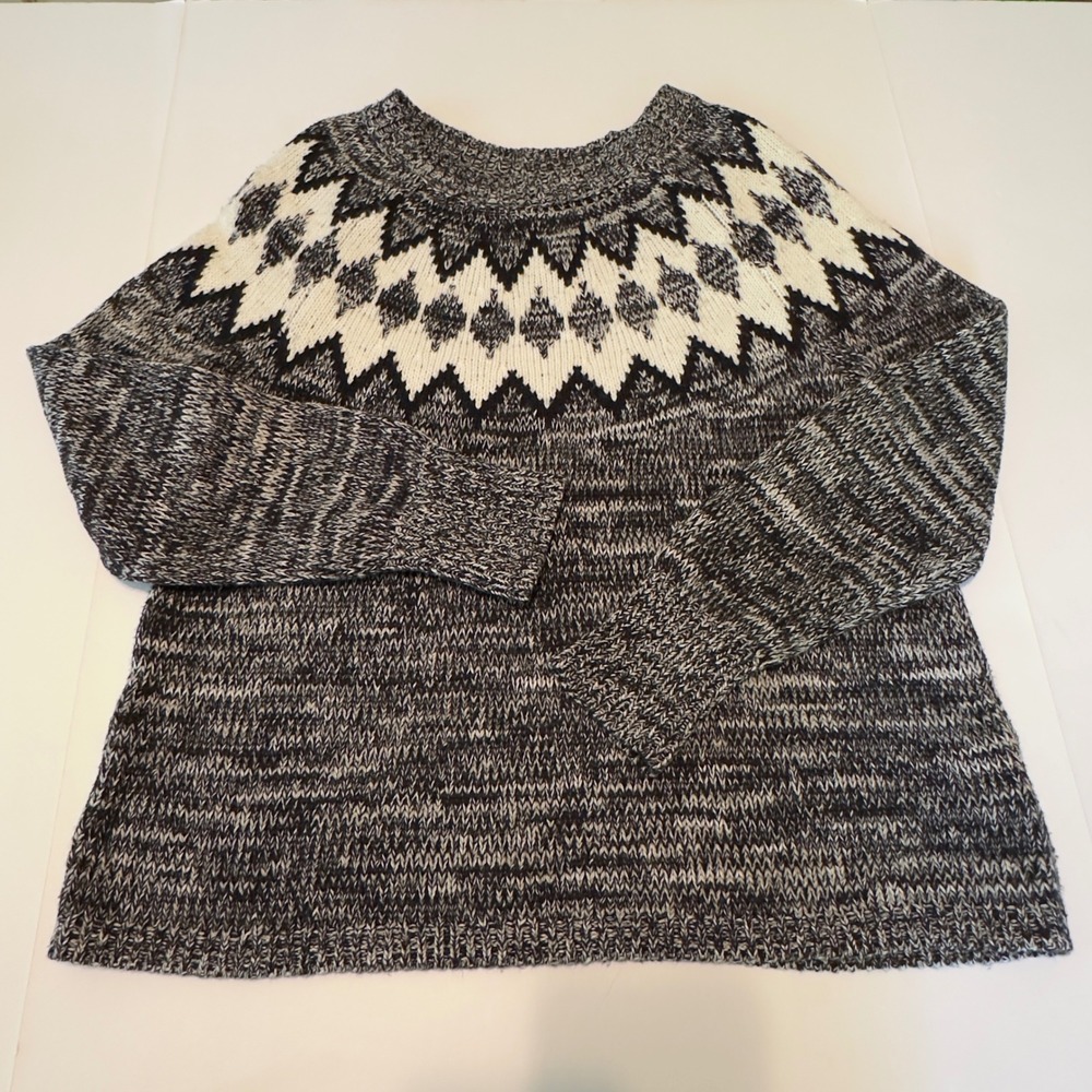 Chaps Denim Womens Large Fair Isle Marled Knit Crewneck Sweater Black White Grey